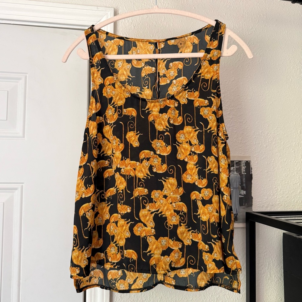 FARM RIO black orange‎ mustard orangutan monkey print tank top